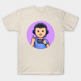 Cute Man Gamer Playing Game With Headphone Cartoon T-Shirt